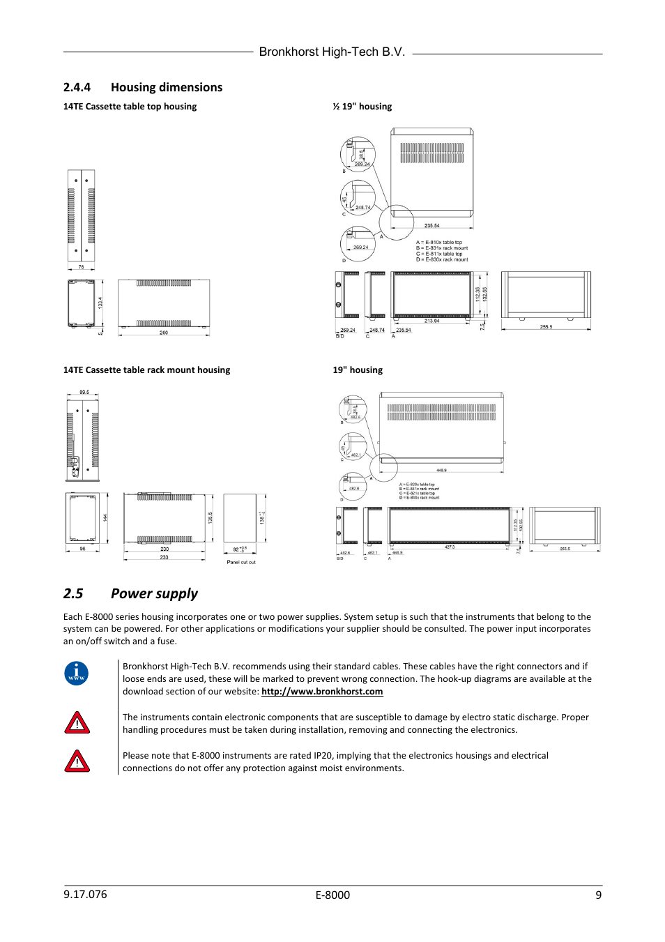 4 housing dimensions, 5 power supply, Housing dimensions | Power supply | Bronkhorst E-8000 User Manual | Page 9 / 44