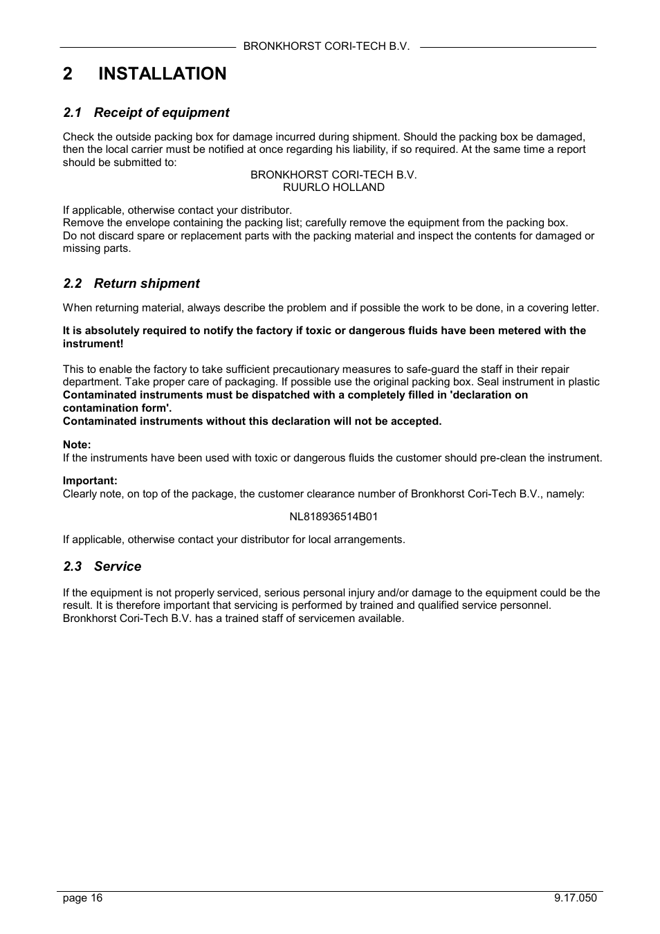 Installation, Receipt of equipment, Return shipment | Service, 2 installation, 1 receipt of equipment, 2 return shipment, 3 service | Bronkhorst Mini CORI-FLOW User Manual | Page 16 / 36