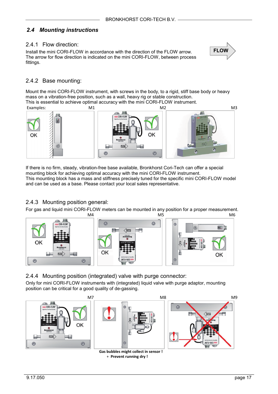 Mounting instructions, Flow direction, Base mounting | Mounting position general, 4 mounting instructions, 1 flow direction, 2 base mounting, 3 mounting position general | Bronkhorst Mini CORI-FLOW User Manual | Page 17 / 36