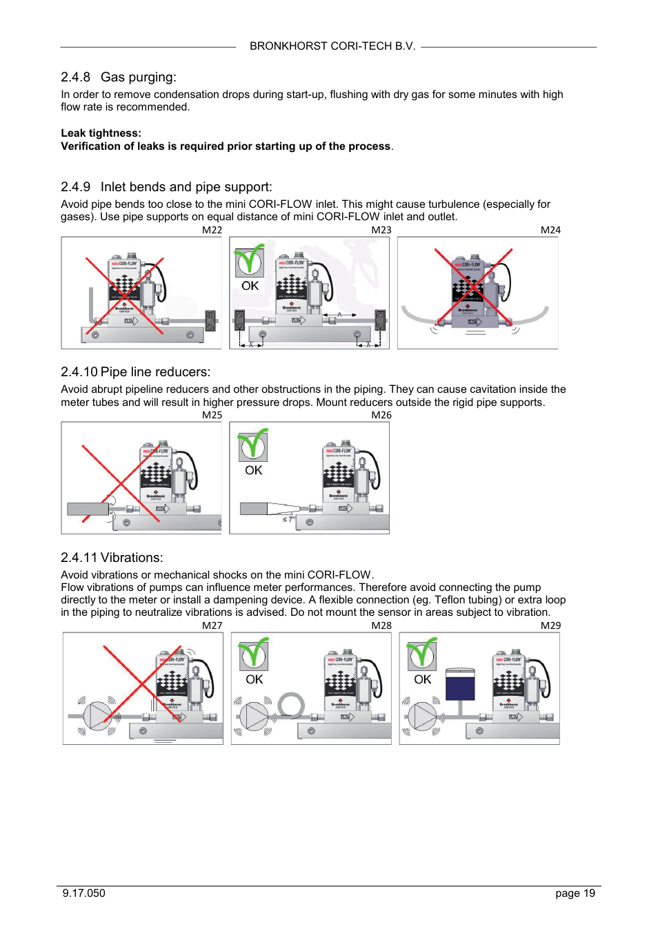 Gas purging, Inlet bends and pipe support, Pipe line reducers | Vibrations, 8 gas purging, 9 inlet bends and pipe support, 10 pipe line reducers, 11 vibrations | Bronkhorst Mini CORI-FLOW User Manual | Page 19 / 36