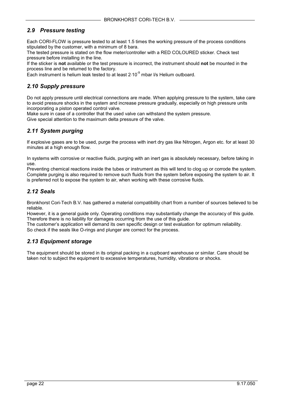 Pressure testing, Supply pressure, System purging | Seals, Equipment storage, 9 pressure testing, 10 supply pressure, 11 system purging, 12 seals, 13 equipment storage | Bronkhorst Mini CORI-FLOW User Manual | Page 22 / 36