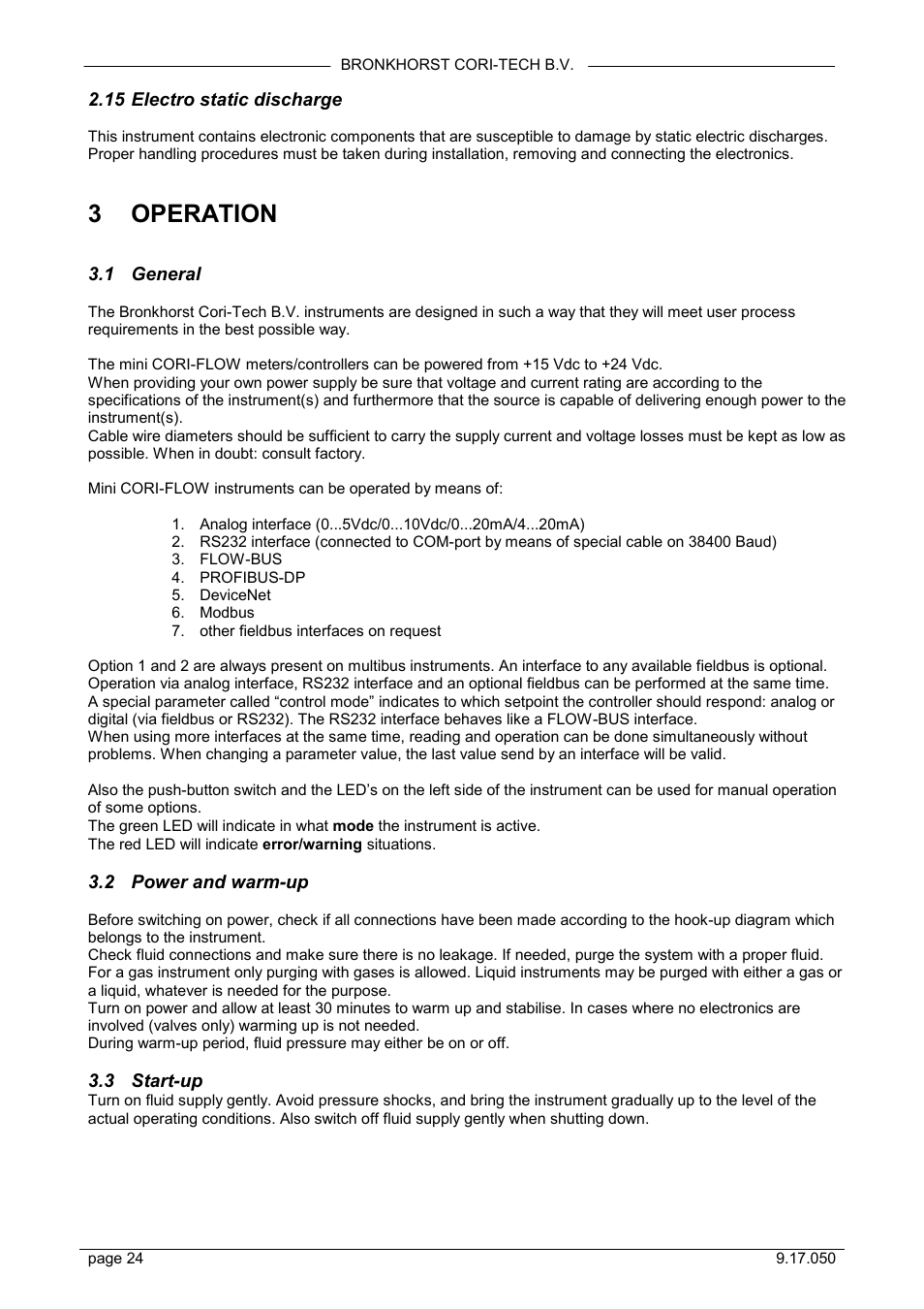 Electro static discharge, Operation, General | Power and warm-up, Start-up, 3 operation, 15 electro static discharge, 1 general, 2 power and warm-up, 3 start-up | Bronkhorst Mini CORI-FLOW User Manual | Page 24 / 36