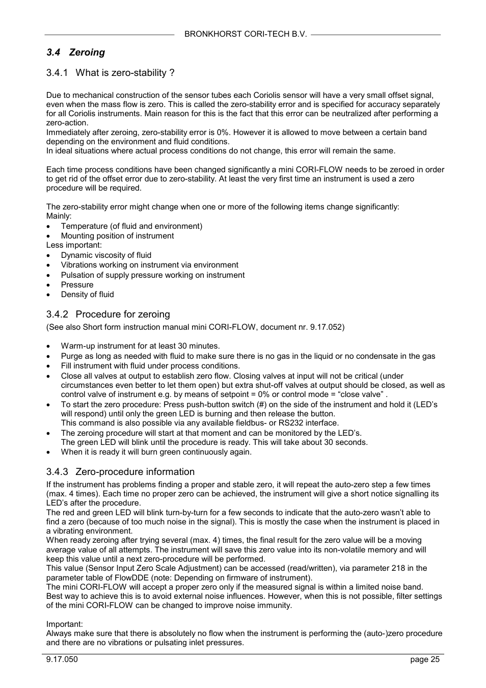 Zeroing, What is zero-stability, Procedure for zeroing | Zero-procedure information, 4 zeroing, 1 what is zero-stability, 2 procedure for zeroing, 3 zero-procedure information | Bronkhorst Mini CORI-FLOW User Manual | Page 25 / 36