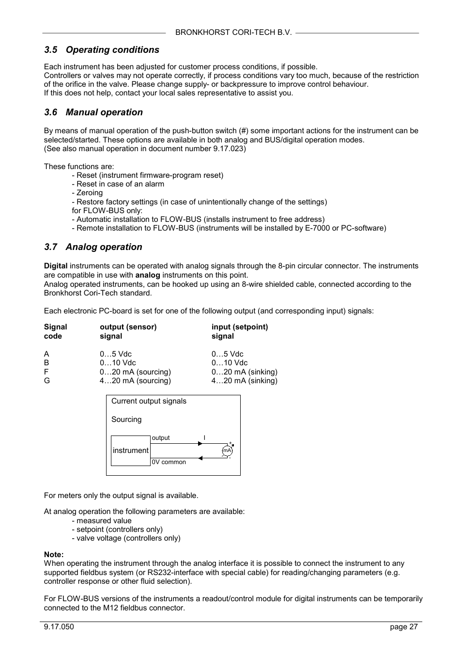 Operating conditions, Manual operation, Analog operation | 5 operating conditions, 6 manual operation, 7 analog operation | Bronkhorst Mini CORI-FLOW User Manual | Page 27 / 36