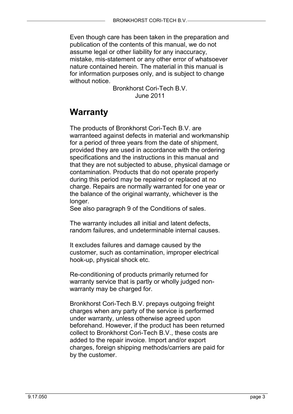Warranty | Bronkhorst Mini CORI-FLOW User Manual | Page 3 / 36