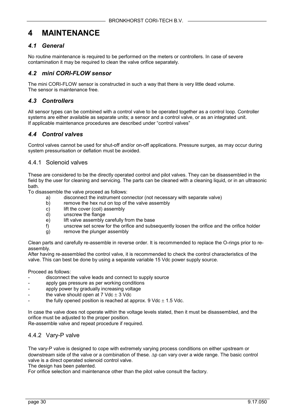 Maintenance, General, Mini cori-flow sensor | Controllers, Control valves, Solenoid valves, Vary-p valve, 4 maintenance, 1 general, 2 mini cori-flow sensor | Bronkhorst Mini CORI-FLOW User Manual | Page 30 / 36