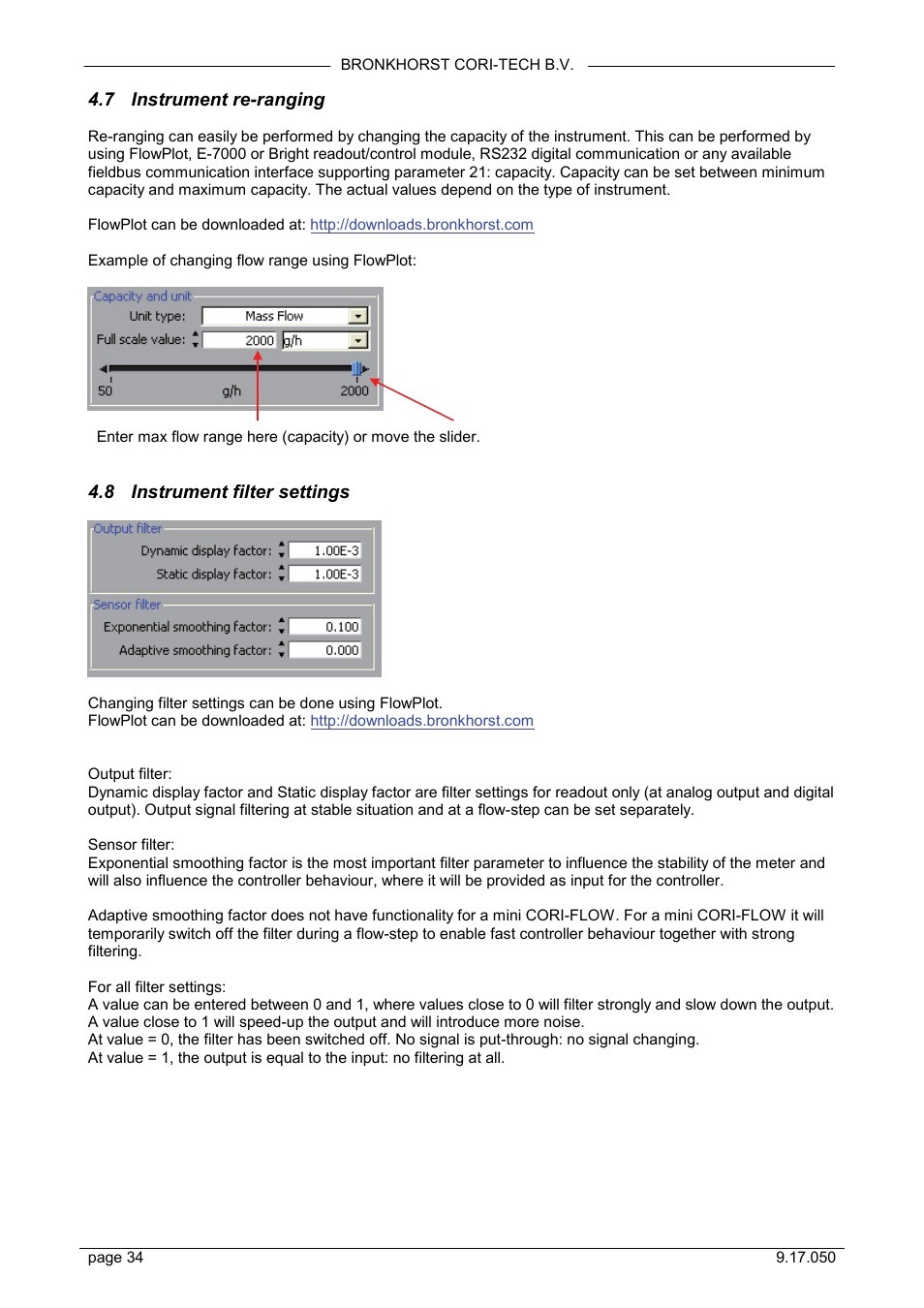 Instrument re-ranging, Instrument filter settings, 7 instrument re-ranging | 8 instrument filter settings | Bronkhorst Mini CORI-FLOW User Manual | Page 34 / 36