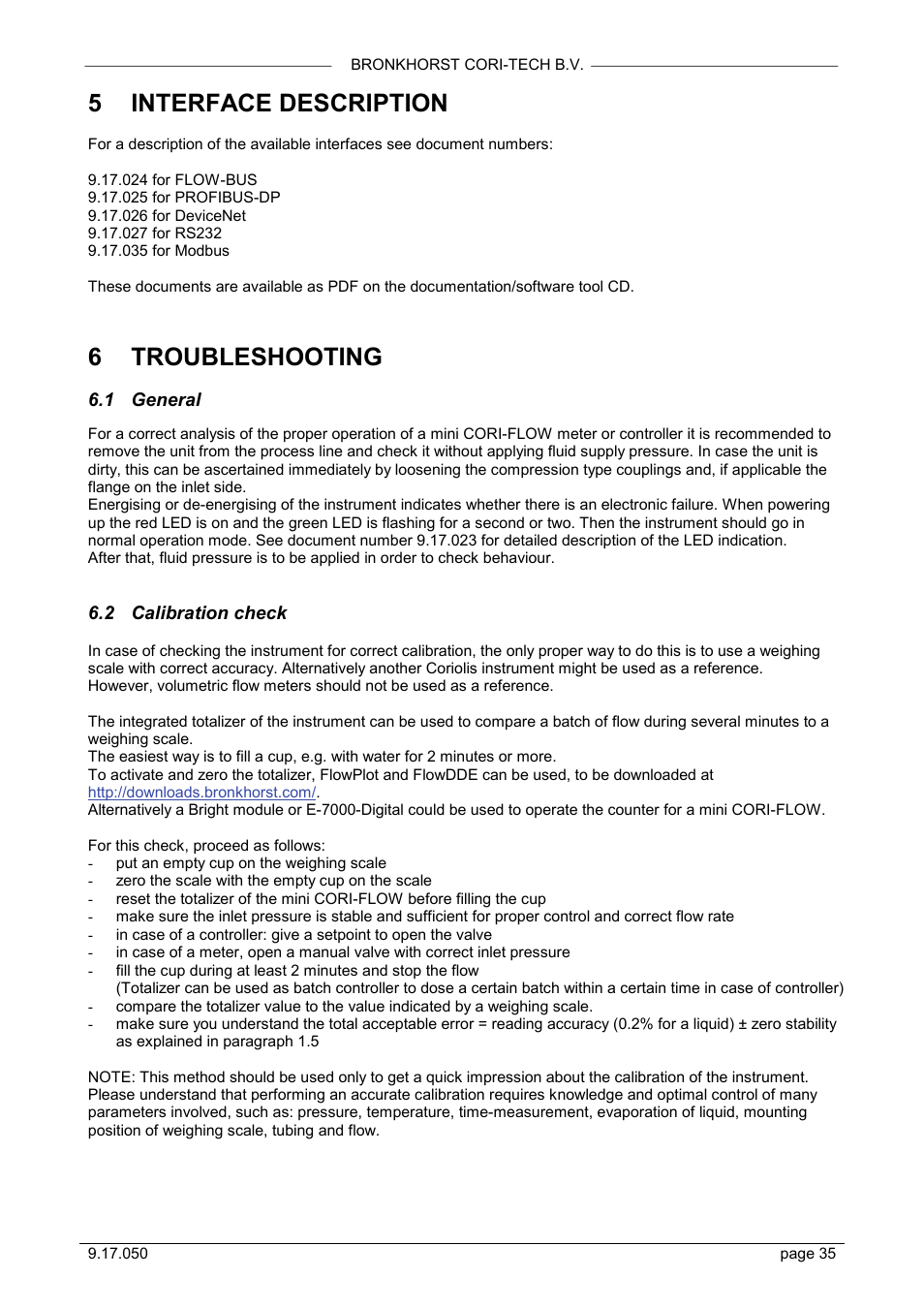 Interface description, Troubleshooting, General | Calibration check, 5 interface description, 6 troubleshooting | Bronkhorst Mini CORI-FLOW User Manual | Page 35 / 36