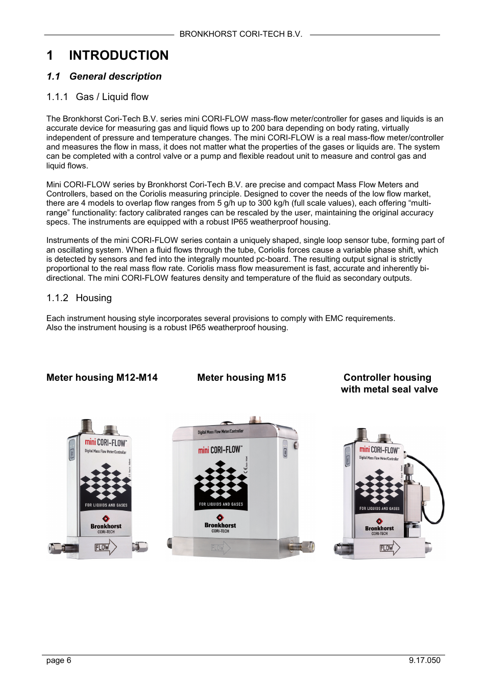 Introduction, General description, Gas / liquid flow | Housing, 1 introduction | Bronkhorst Mini CORI-FLOW User Manual | Page 6 / 36