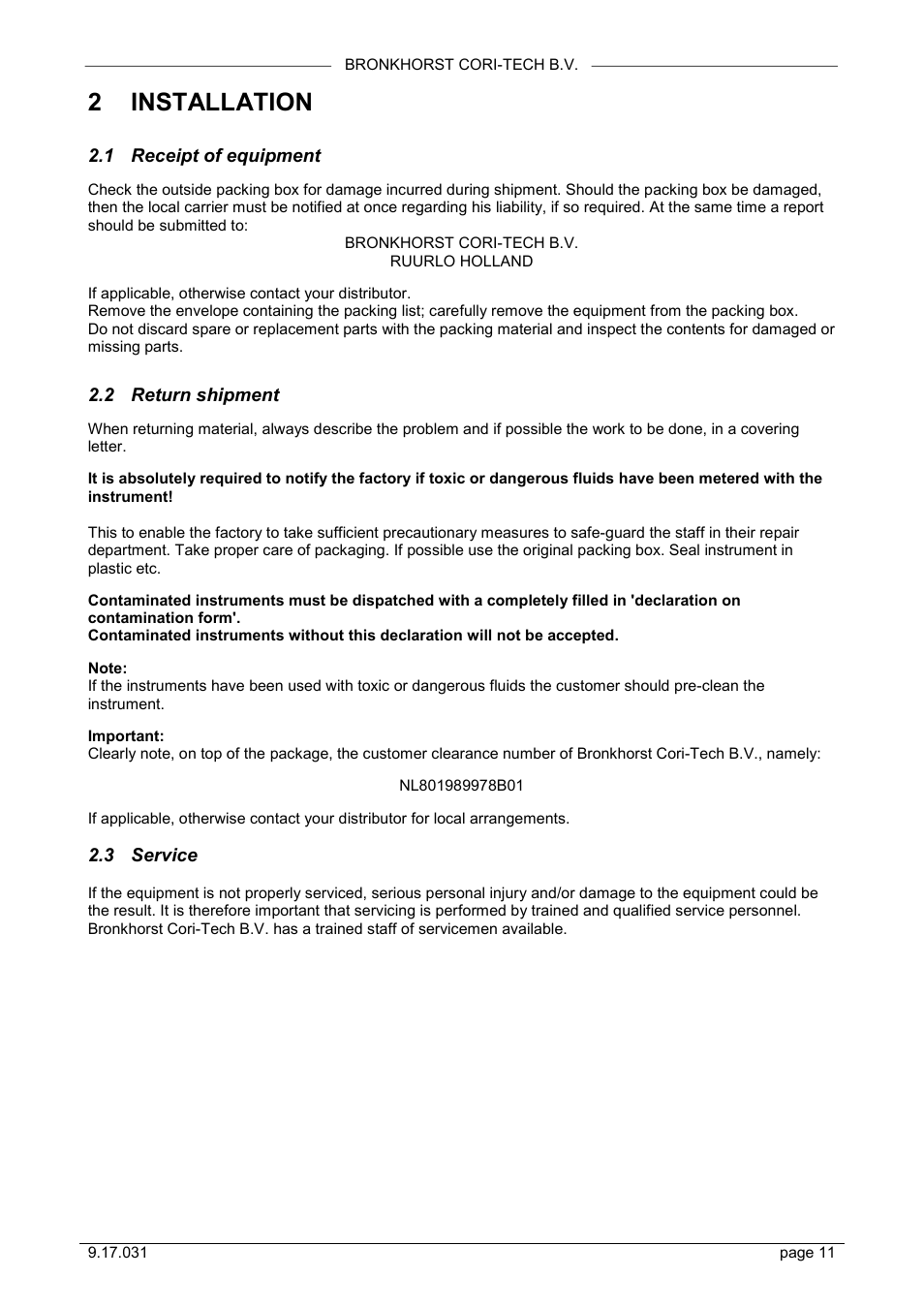 Installation, Receipt of equipment, Return shipment | Service, 2 installation, 1 receipt of equipment, 2 return shipment, 3 service | Bronkhorst CORI-FLOW User Manual | Page 11 / 27