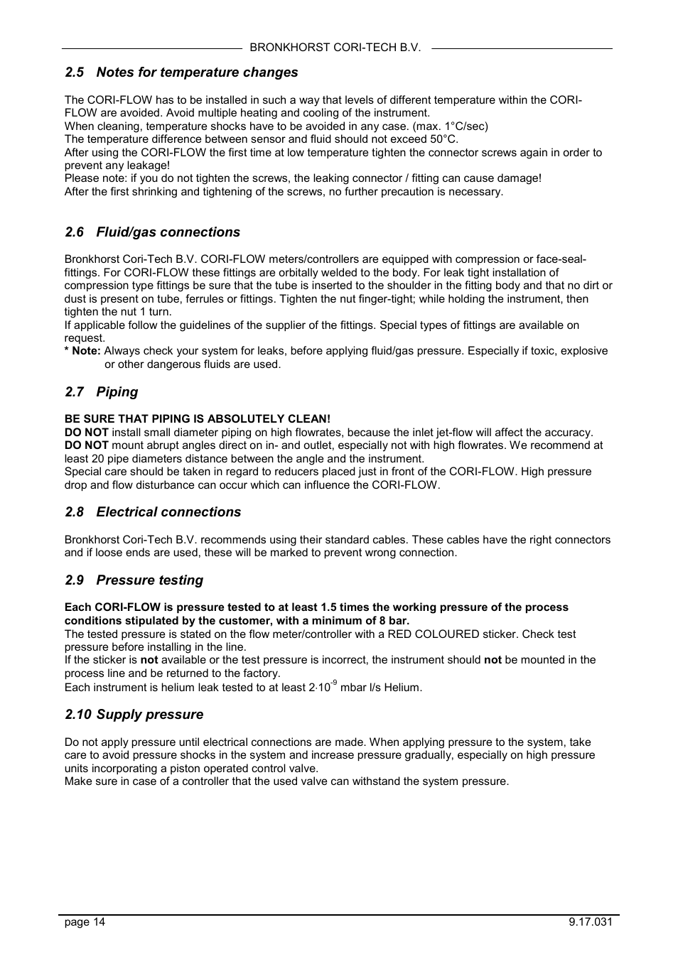 Notes for temperature changes, Fluid/gas connections, Piping | Electrical connections, Pressure testing, Supply pressure, 6 fluid/gas connections, 7 piping, 8 electrical connections, 9 pressure testing | Bronkhorst CORI-FLOW User Manual | Page 14 / 27