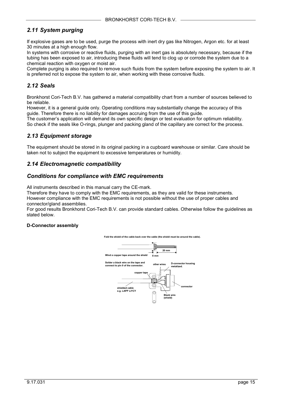 System purging, Seals, Equipment storage | Electromagnetic compatibility, Conditions for compliance with emc requirements, 11 system purging, 12 seals, 13 equipment storage, 14 electromagnetic compatibility | Bronkhorst CORI-FLOW User Manual | Page 15 / 27