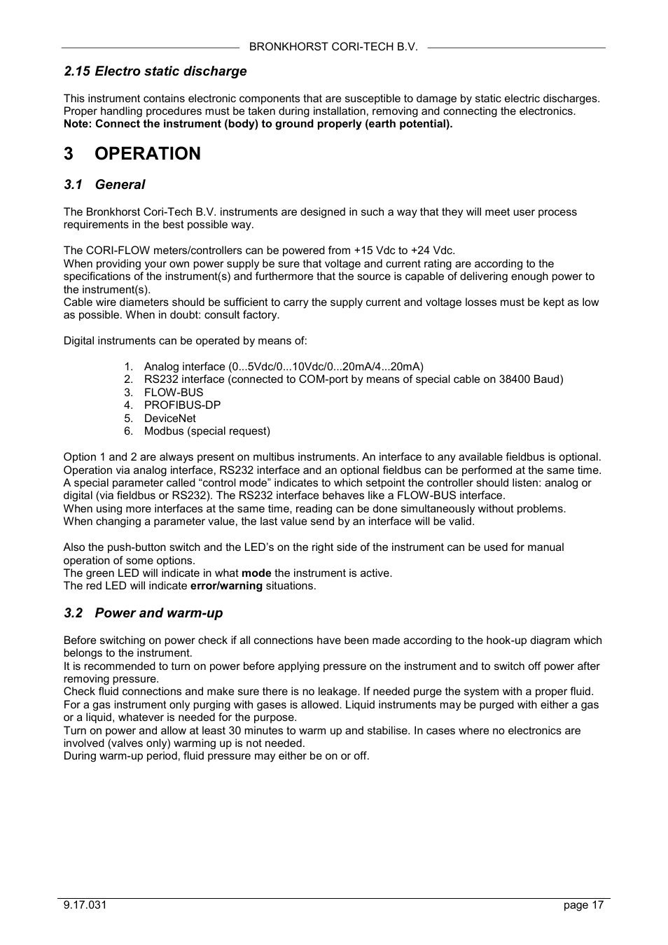 Electro static discharge, Operation, General | Power and warm-up, 3 operation, 15 electro static discharge, 1 general, 2 power and warm-up | Bronkhorst CORI-FLOW User Manual | Page 17 / 27