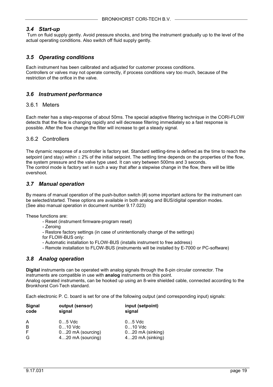 Start-up, Operating conditions, Instrument performance | Meters, Controllers, Manual operation, Analog operation, 4 start-up, 5 operating conditions, 6 instrument performance | Bronkhorst CORI-FLOW User Manual | Page 19 / 27