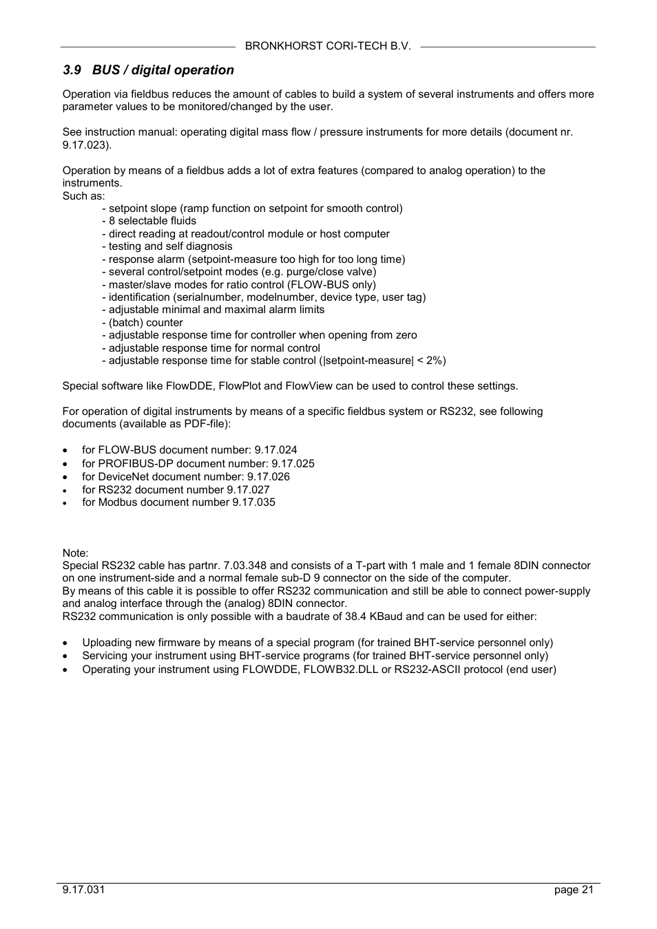 9 bus / digital operation | Bronkhorst CORI-FLOW User Manual | Page 21 / 27