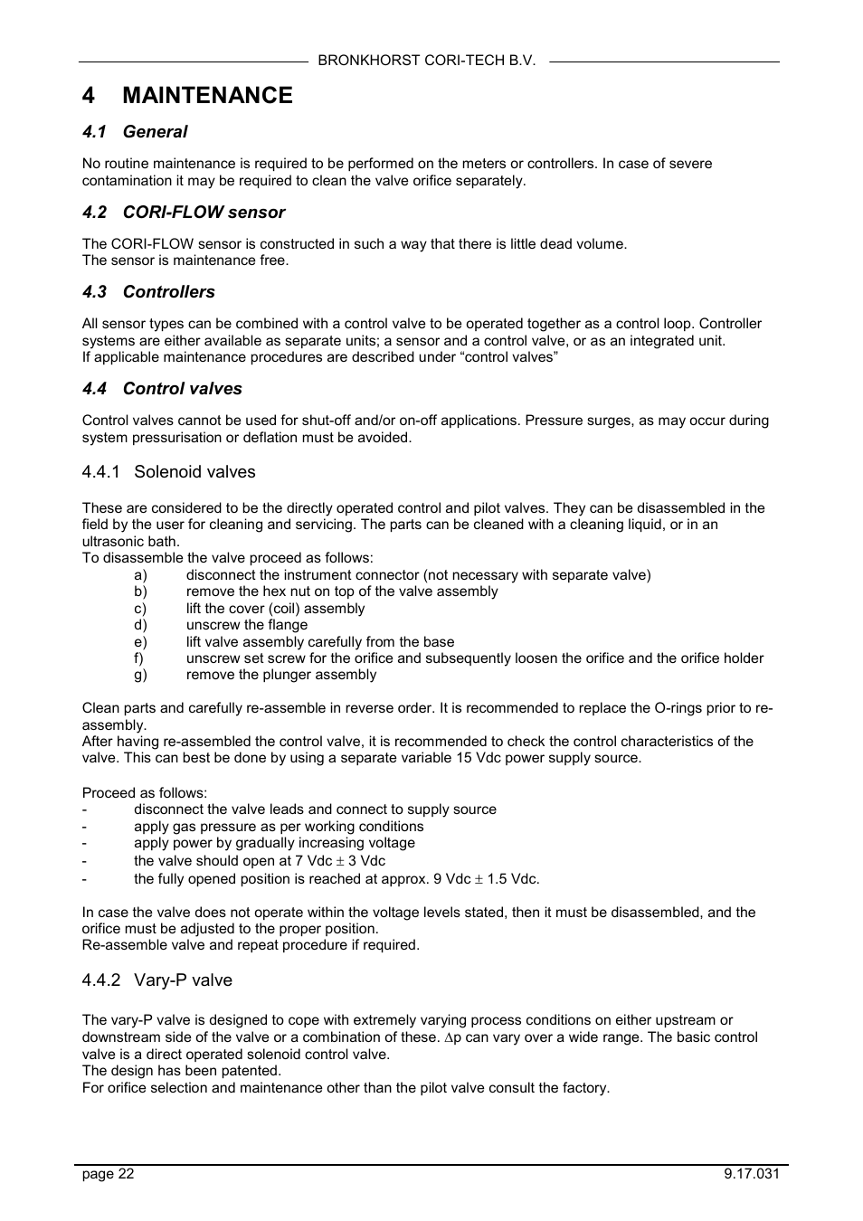 Maintenance, General, Cori-flow sensor | Controllers, Control valves, Solenoid valves, Vary-p valve, 4 maintenance, 1 general, 2 cori-flow sensor | Bronkhorst CORI-FLOW User Manual | Page 22 / 27