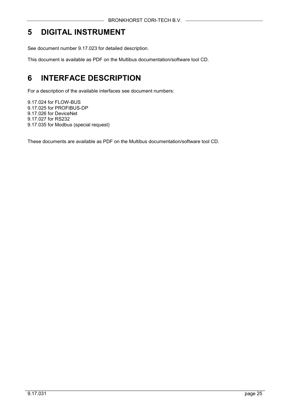 Digital instrument, Interface description, 5 digital instrument | 6 interface description | Bronkhorst CORI-FLOW User Manual | Page 25 / 27