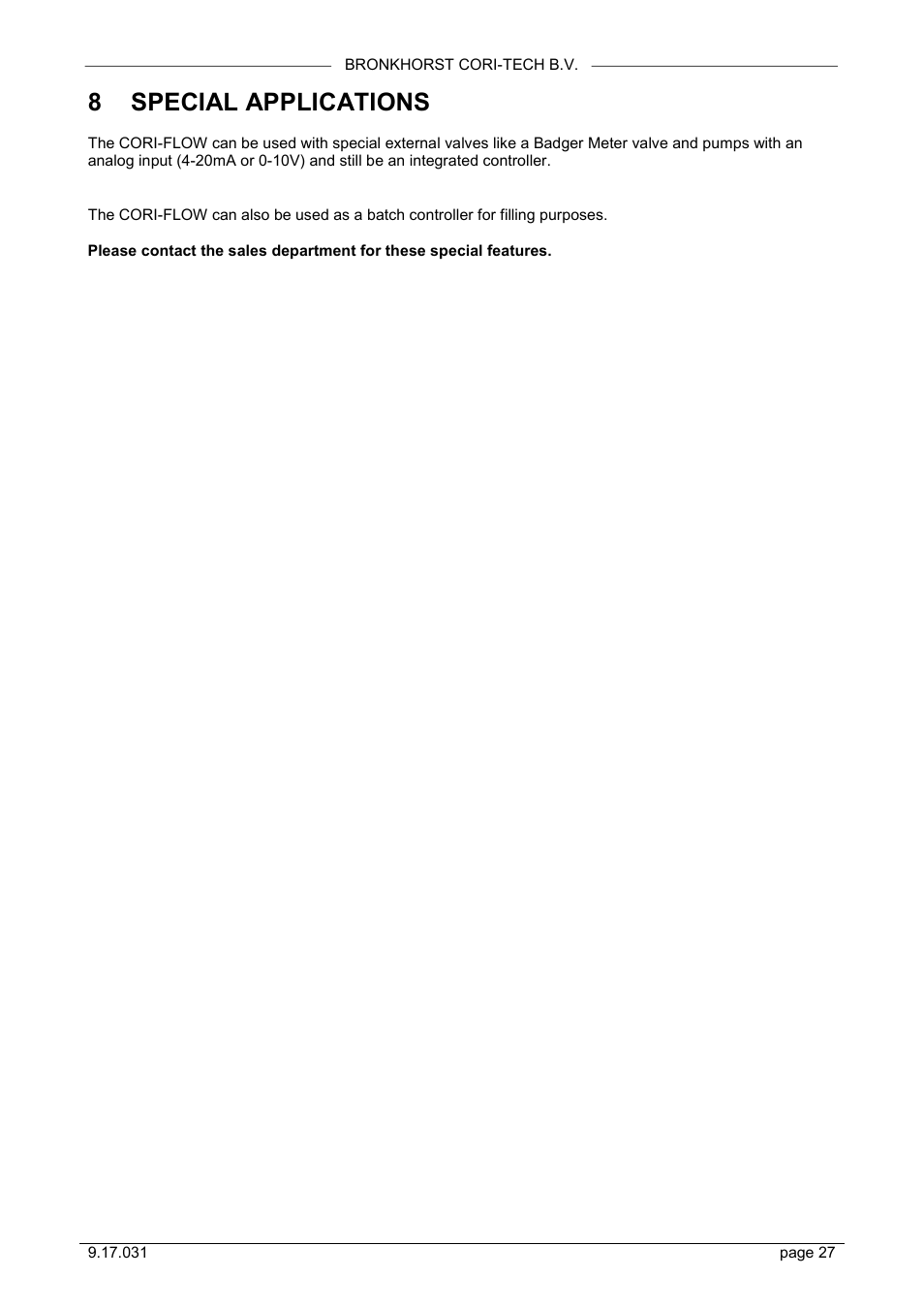Special applications, 8 special applications | Bronkhorst CORI-FLOW User Manual | Page 27 / 27