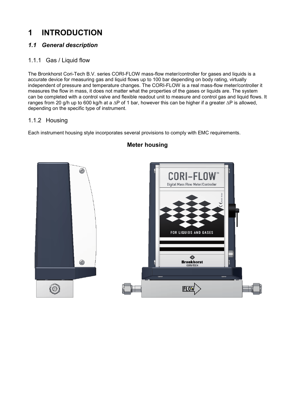 Introduction, General description, Gas / liquid flow | Housing, 1 introduction | Bronkhorst CORI-FLOW User Manual | Page 7 / 27
