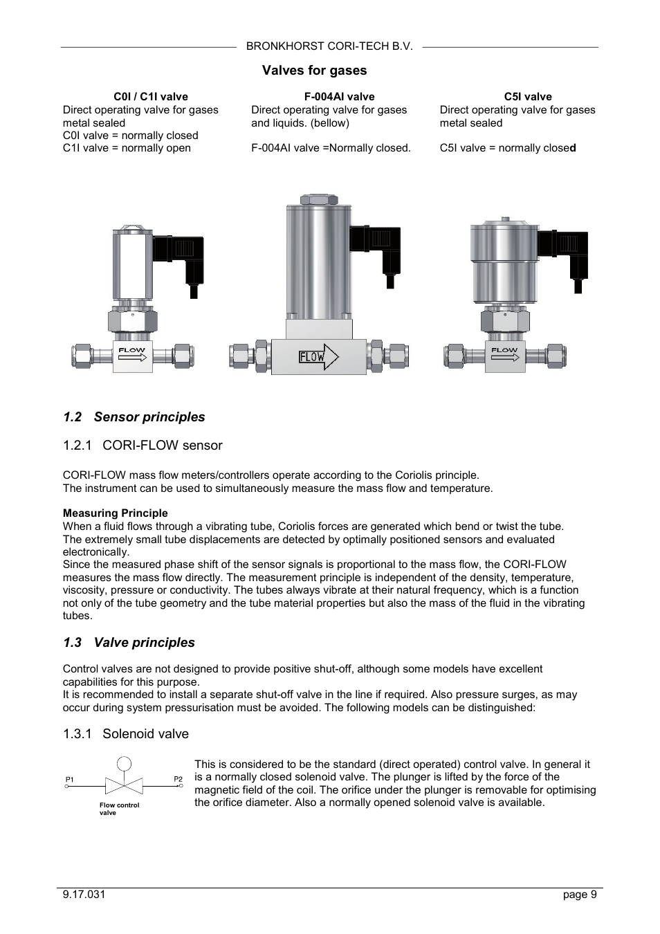 Sensor principles, Cori-flow sensor, Valve principles | Solenoid valve, Valves for gases, 2 sensor principles, 1 cori-flow sensor, 3 valve principles, 1 solenoid valve | Bronkhorst CORI-FLOW User Manual | Page 9 / 27