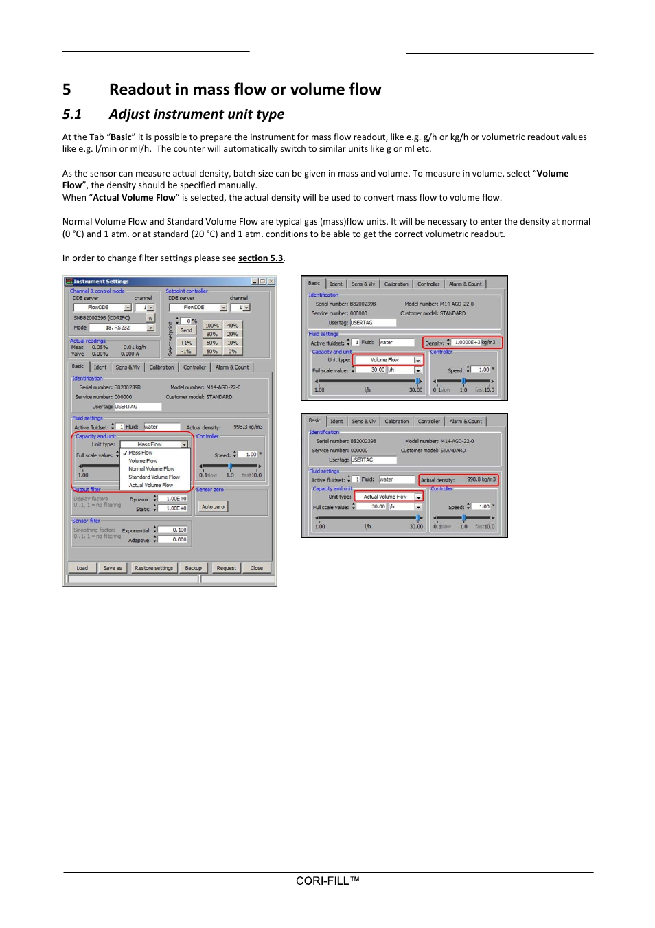 5 readout in mass flow or volume flow, 1 adjust instrument unit type, Readout in mass flow or volume flow | Adjust instrument unit type, 5readout in mass flow or volume flow | Bronkhorst CORI-FILL User Manual | Page 10 / 25
