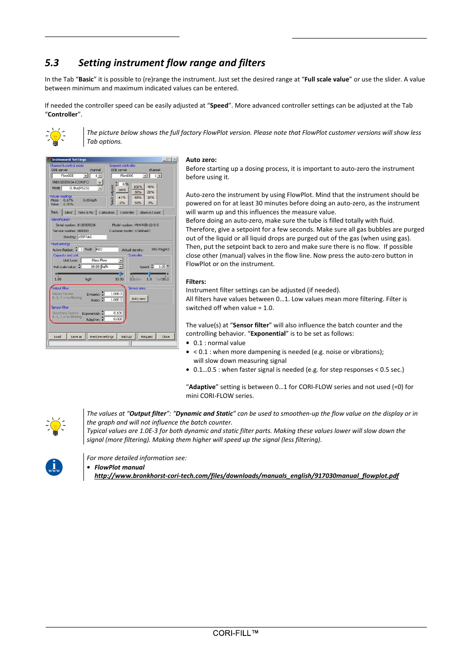 3 setting instrument flow range and filters, Setting instrument flow range and filters | Bronkhorst CORI-FILL User Manual | Page 12 / 25