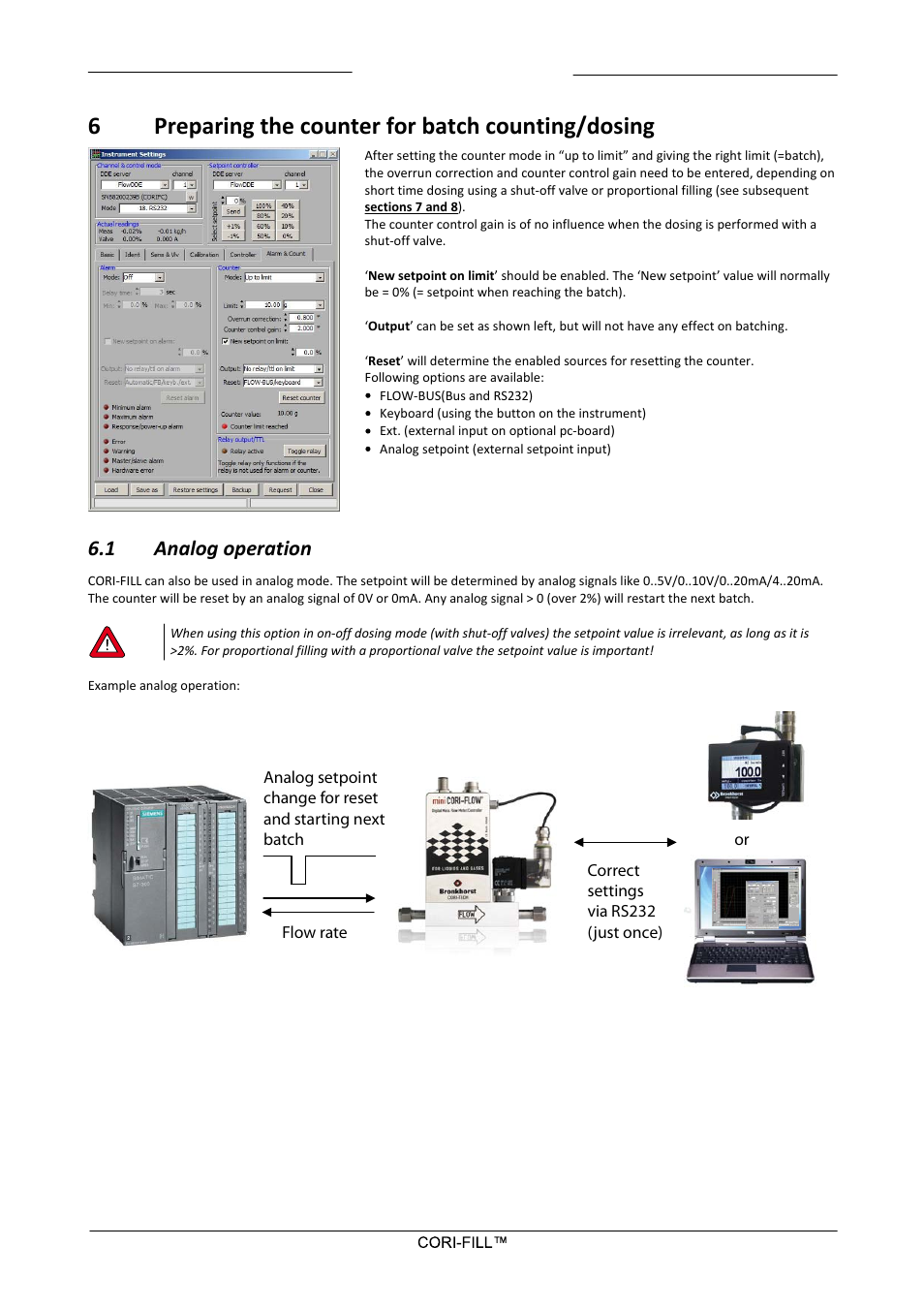 6 preparing the counter for batch counting/dosing, 1 analog operation, Preparing the counter for batch counting/dosing | Analog operation, 6preparing the counter for batch counting/dosing | Bronkhorst CORI-FILL User Manual | Page 13 / 25