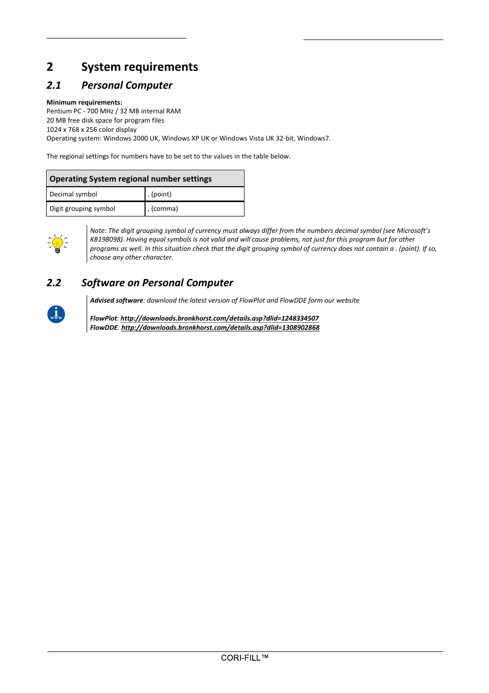 2 system requirements, 1 personal computer, 2 software on personal computer | System requirements, Personal computer, Software on personal computer, 2system requirements | Bronkhorst CORI-FILL User Manual | Page 6 / 25