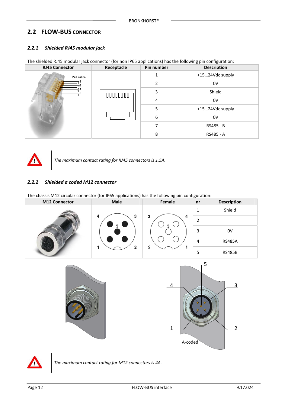 2 flow-bus connector, 1 shielded rj45 modular jack, 2 shielded a coded m12 connector | Flow‐bus, Connector, Shielded rj45 modular jack, Shielded a coded m12 connector, 2 flow‐bus | Bronkhorst FLOW-BUS interface User Manual | Page 12 / 26