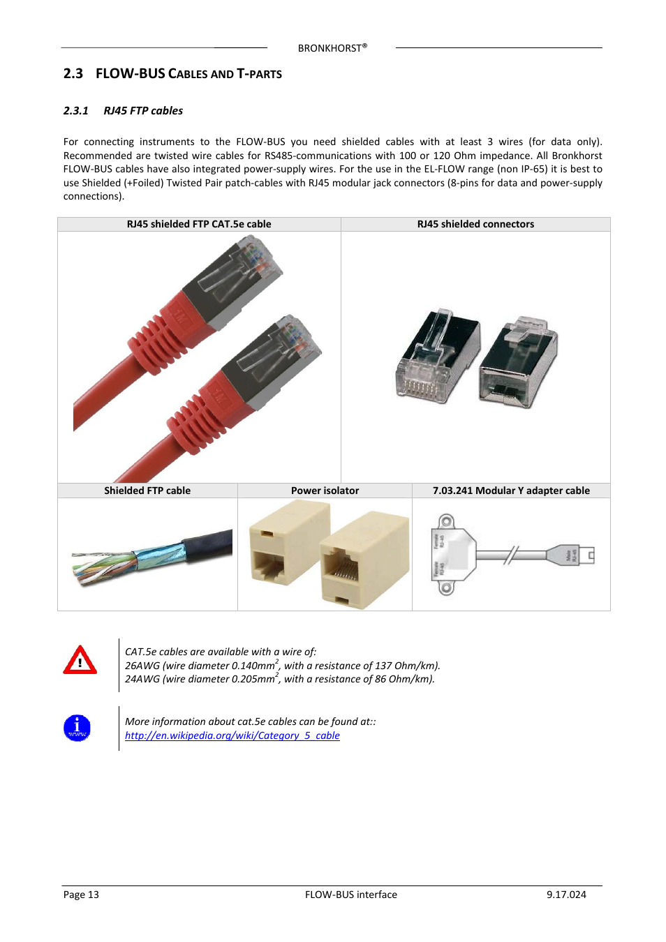 3 flow-bus cables and t-parts, 1 rj45 ftp cables, Flow‐bus | Ables and, Parts, Rj45 ftp cables, 3 flow‐bus | Bronkhorst FLOW-BUS interface User Manual | Page 13 / 26