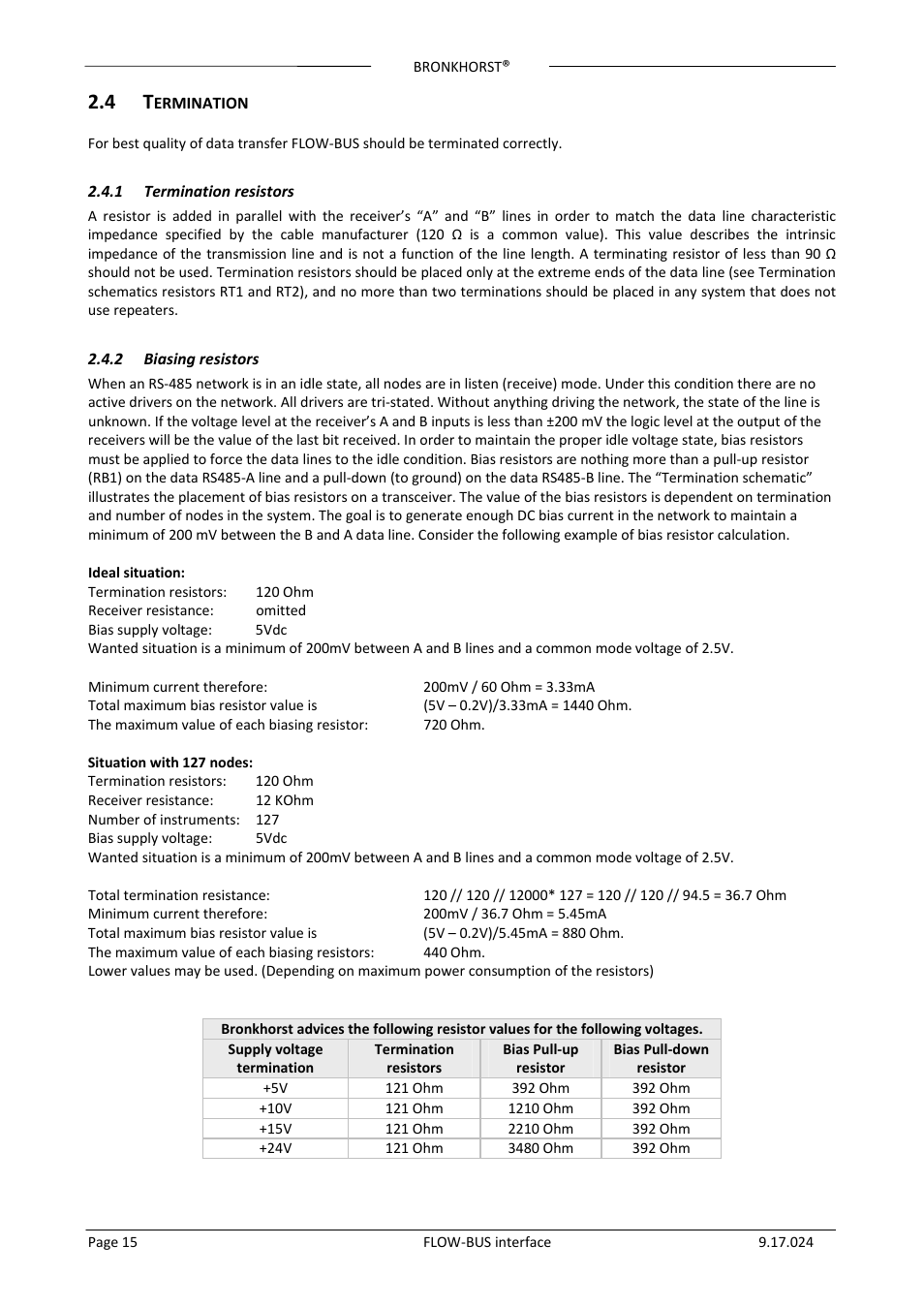 4 termination, 1 termination resistors, 2 biasing resistors | Ermination, Termination resistors, Biasing resistors | Bronkhorst FLOW-BUS interface User Manual | Page 15 / 26