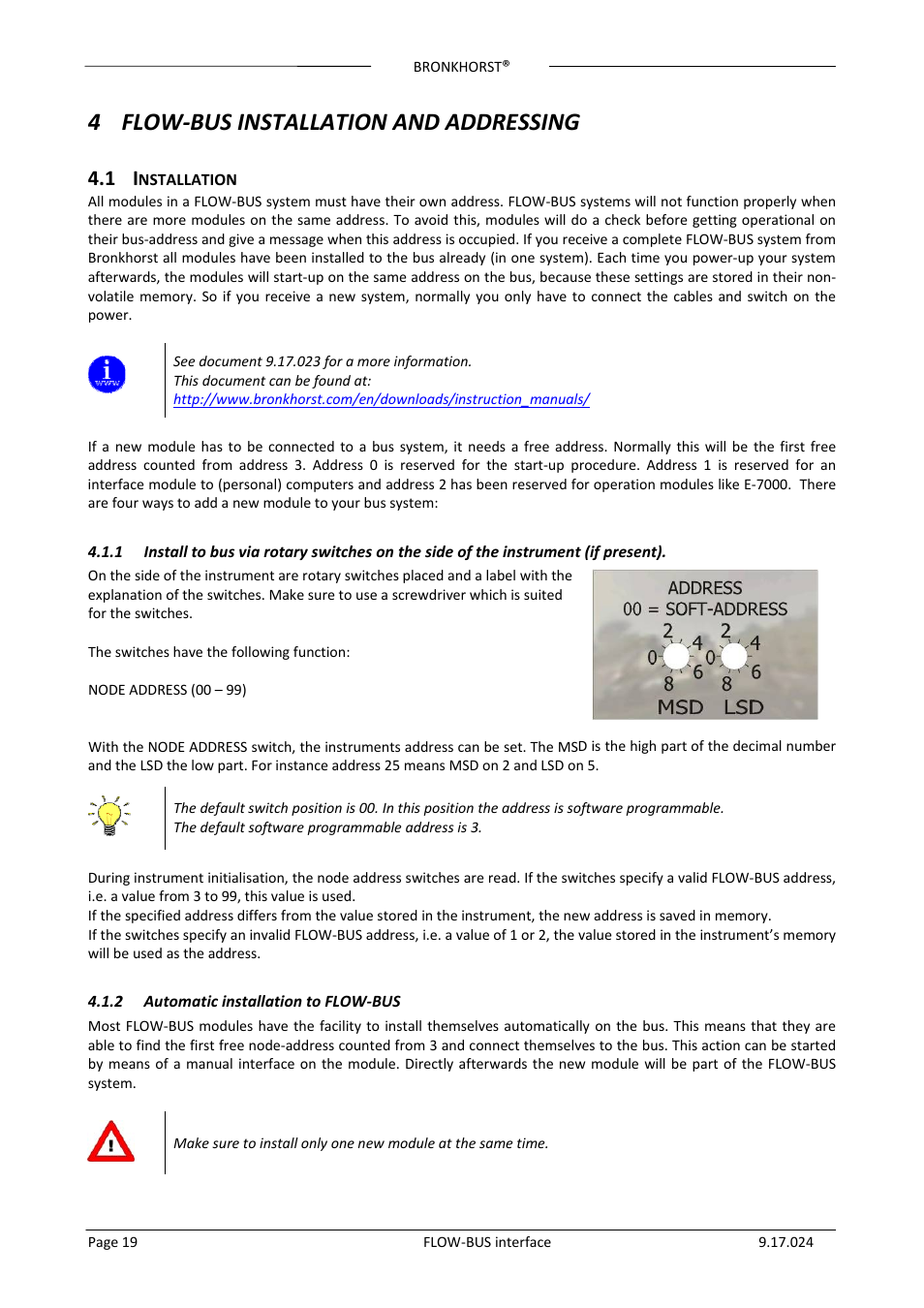 4 flow-bus installation and addressing, 1 installation, 2 automatic installation to flow-bus | Flow‐bus installation and addressing, Nstallation, Automatic installation to flow‐bus, 4 flow‐bus installation and addressing | Bronkhorst FLOW-BUS interface User Manual | Page 19 / 26