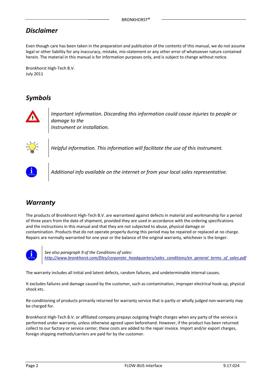 Disclaimer, Symbols, Warranty | Bronkhorst FLOW-BUS interface User Manual | Page 2 / 26