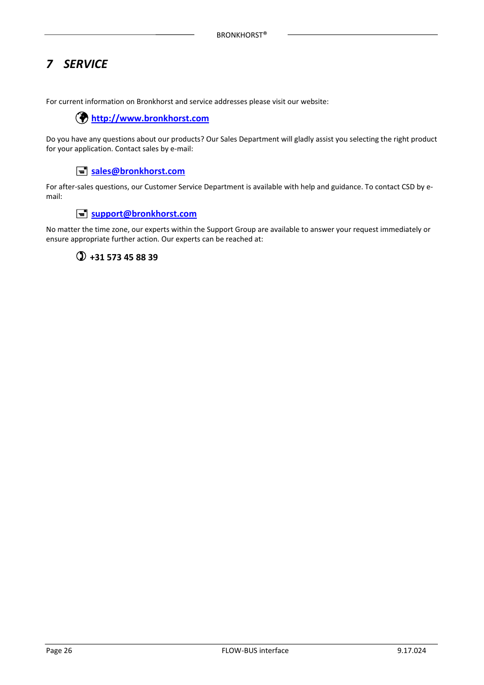 7 service, Service | Bronkhorst FLOW-BUS interface User Manual | Page 26 / 26