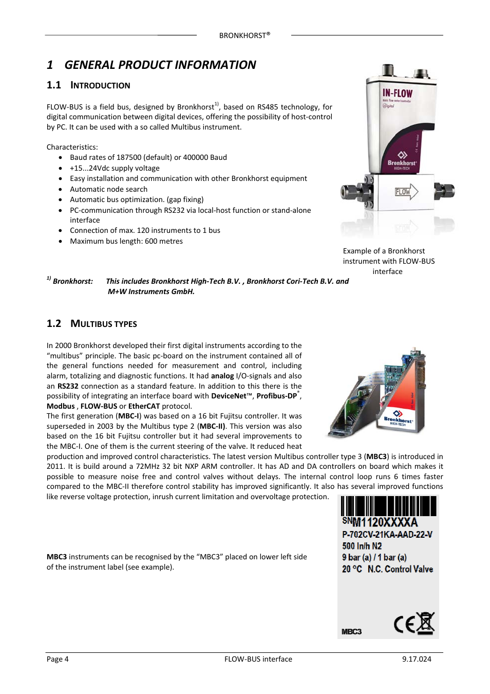 General product information, 1 introduction, 2 multibus types | Ntroduction, Ultibus types, 1 general product information | Bronkhorst FLOW-BUS interface User Manual | Page 4 / 26