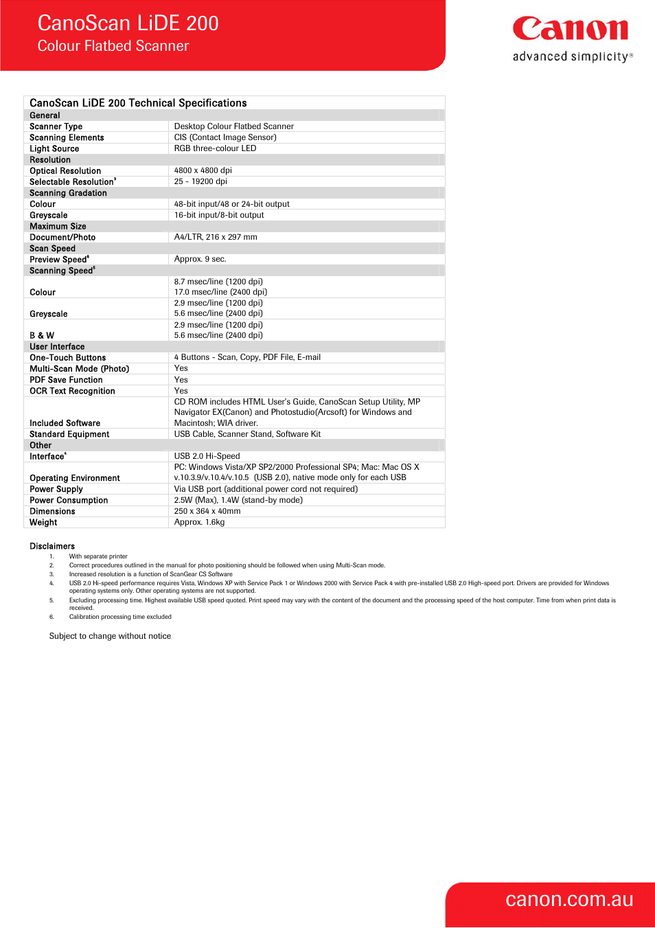 Canoscan lide 200, Colour flatbed scanner, Canoscan lide 200 technical specifications | Canon CanoScan LiDE 200 User Manual | Page 2 / 2