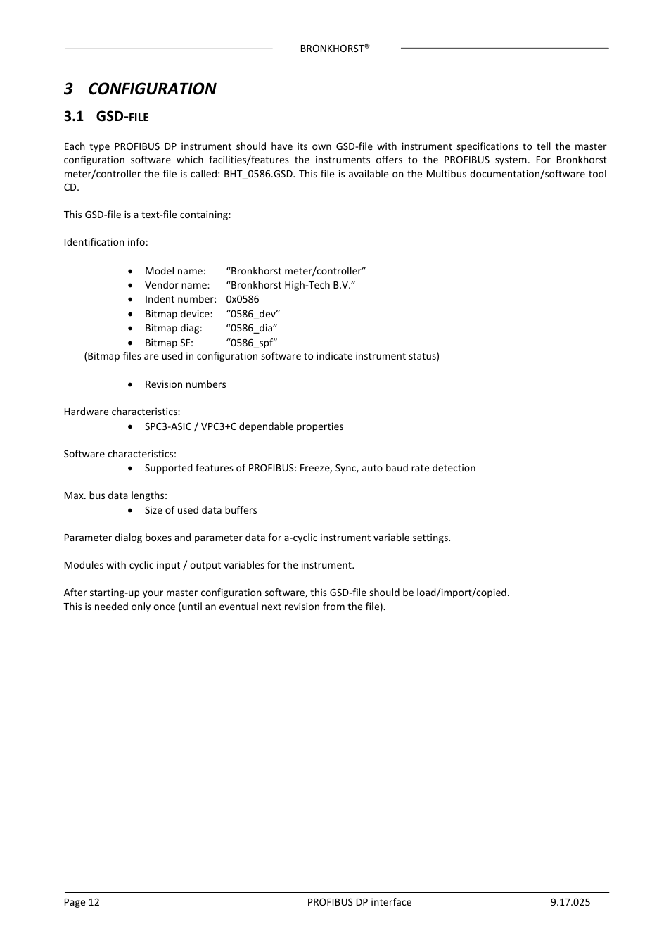 3 configuration, 1 gsd-file, 3configuration | 1 gsd | Bronkhorst PROFIBUS-DP slave interface User Manual | Page 12 / 25