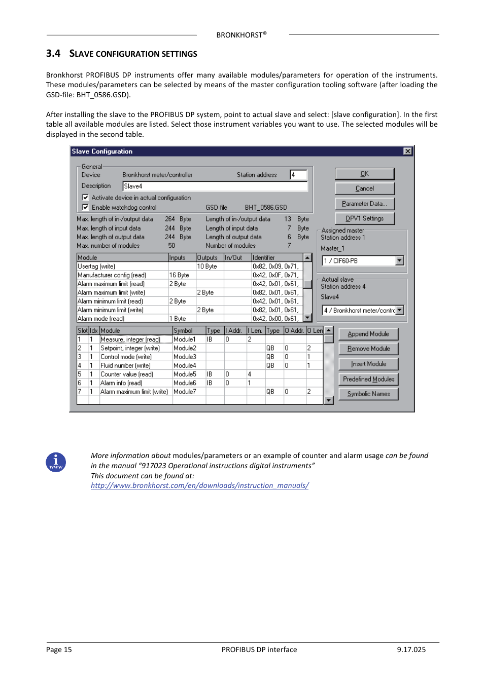 4 slave configuration settings | Bronkhorst PROFIBUS-DP slave interface User Manual | Page 15 / 25