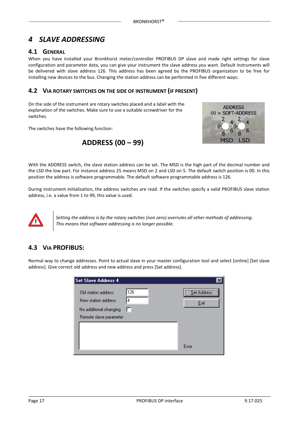 4 slave addressing, 1 general, 3 via profibus | 4slave addressing, Address (00 – 99), Profibus | Bronkhorst PROFIBUS-DP slave interface User Manual | Page 17 / 25