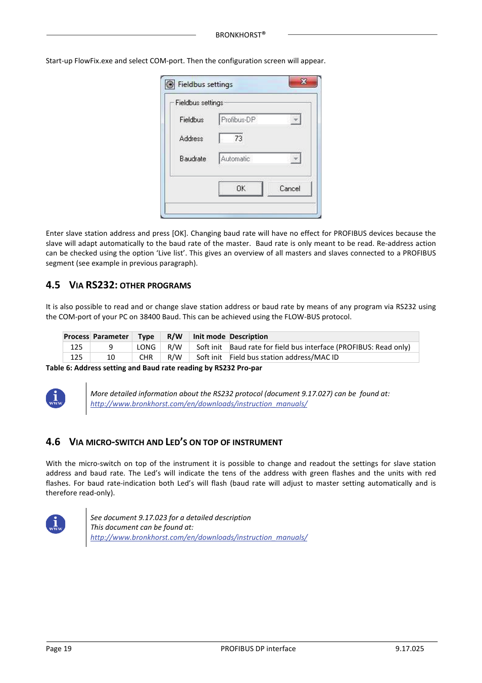 5 via rs232: other programs, 6 via micro-switch and led’s on top of instrument, Rs232 | Bronkhorst PROFIBUS-DP slave interface User Manual | Page 19 / 25