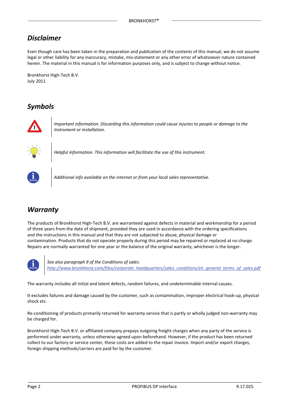 Disclaimer, Symbols, Warranty | Bronkhorst PROFIBUS-DP slave interface User Manual | Page 2 / 25