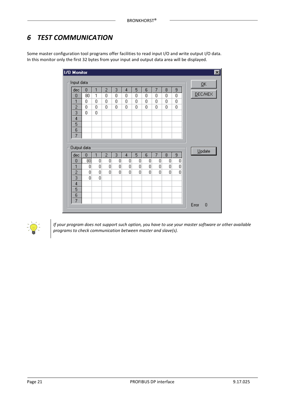 6 test communication, 6test communication | Bronkhorst PROFIBUS-DP slave interface User Manual | Page 21 / 25