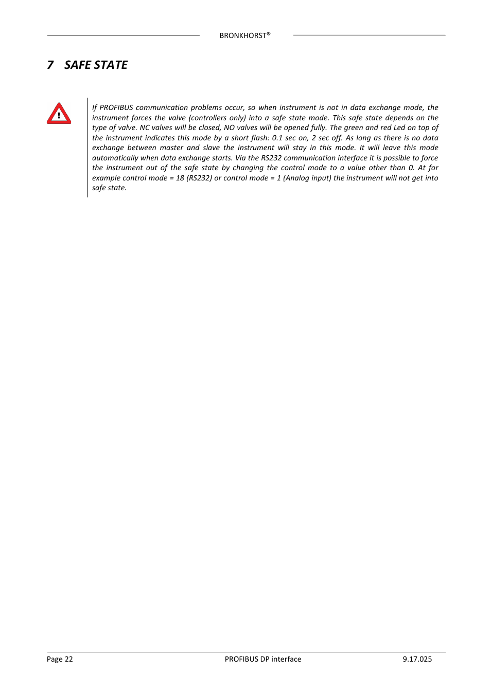 7 safe state, 7safe state | Bronkhorst PROFIBUS-DP slave interface User Manual | Page 22 / 25