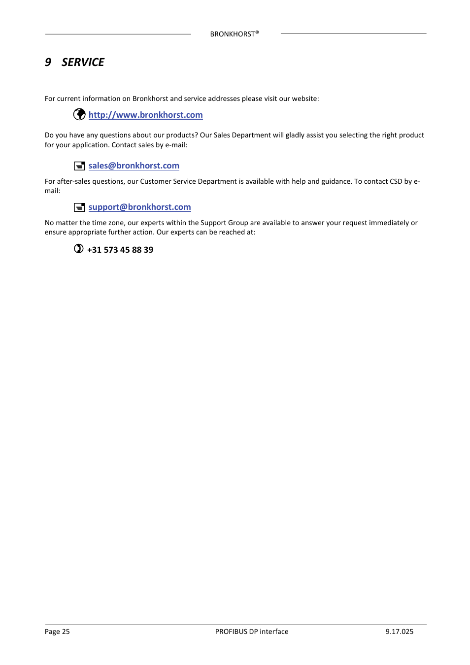 9 service, 9service | Bronkhorst PROFIBUS-DP slave interface User Manual | Page 25 / 25