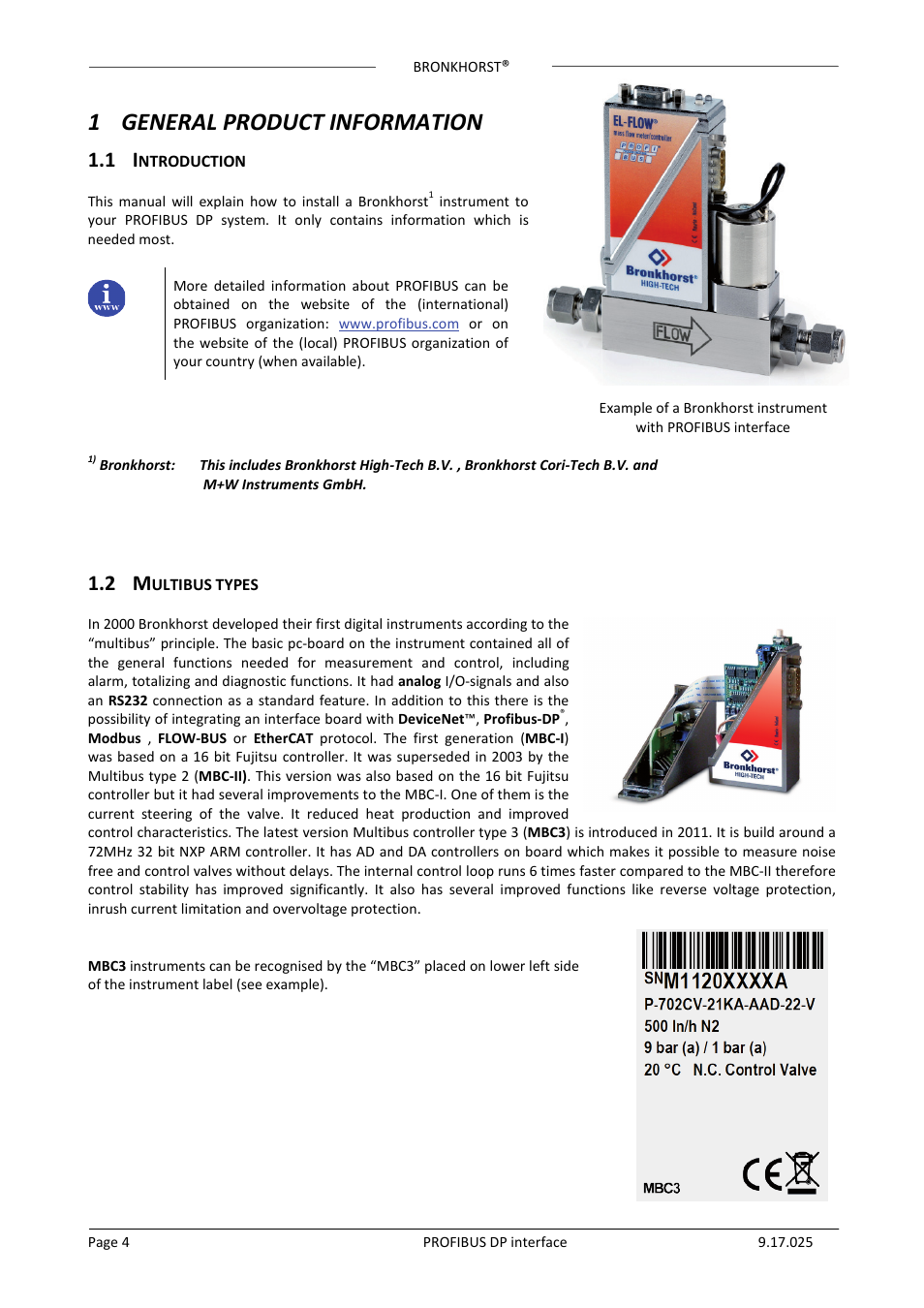 1 general product information, 1 introduction, 2 multibus types | 1general product information | Bronkhorst PROFIBUS-DP slave interface User Manual | Page 4 / 25