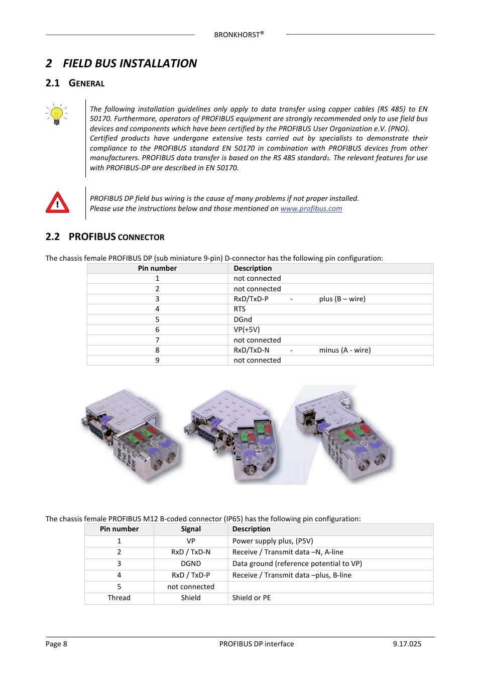 2 field bus installation, 1 general, 2 profibus connector | 2field bus installation, 2 profibus | Bronkhorst PROFIBUS-DP slave interface User Manual | Page 8 / 25