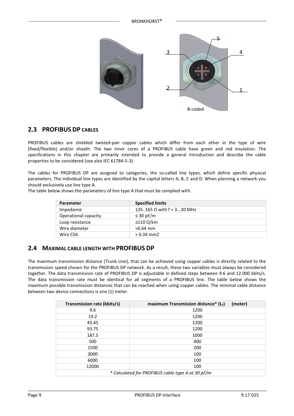 3 profibus dp cables, 4 maximal cable length with profibus dp, 3 profibus | Profibus | Bronkhorst PROFIBUS-DP slave interface User Manual | Page 9 / 25