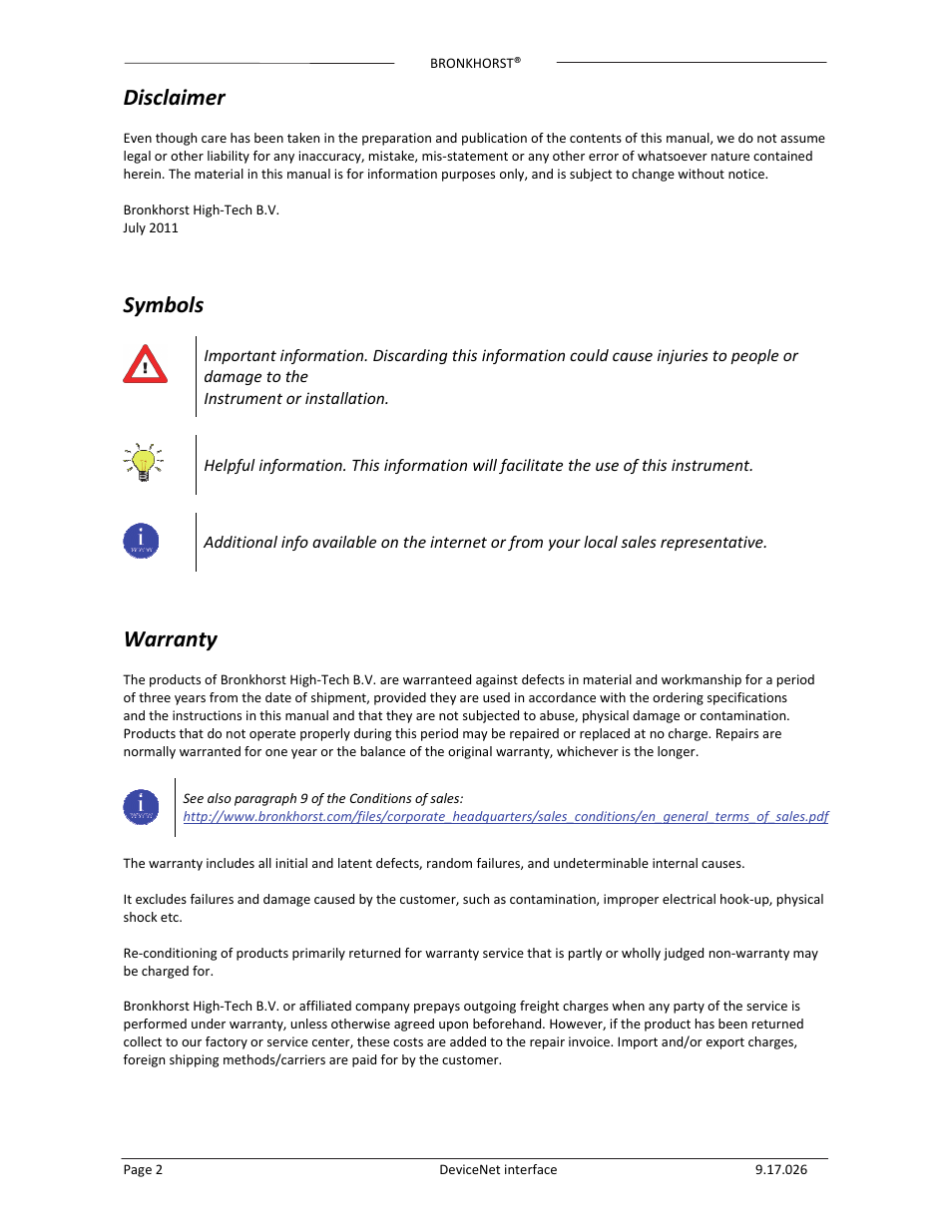 Disclaimer, Symbols, Warranty | Bronkhorst DeviceNet slave interface User Manual | Page 2 / 43