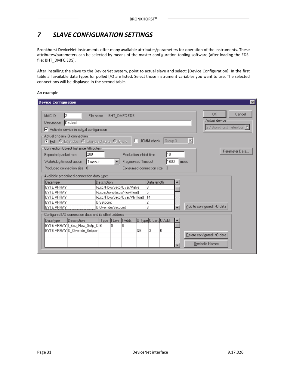 7 slave configuration settings | Bronkhorst DeviceNet slave interface User Manual | Page 31 / 43