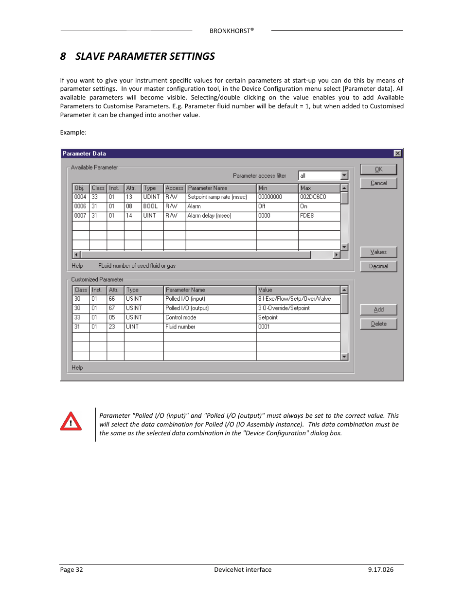 8 slave parameter settings | Bronkhorst DeviceNet slave interface User Manual | Page 32 / 43